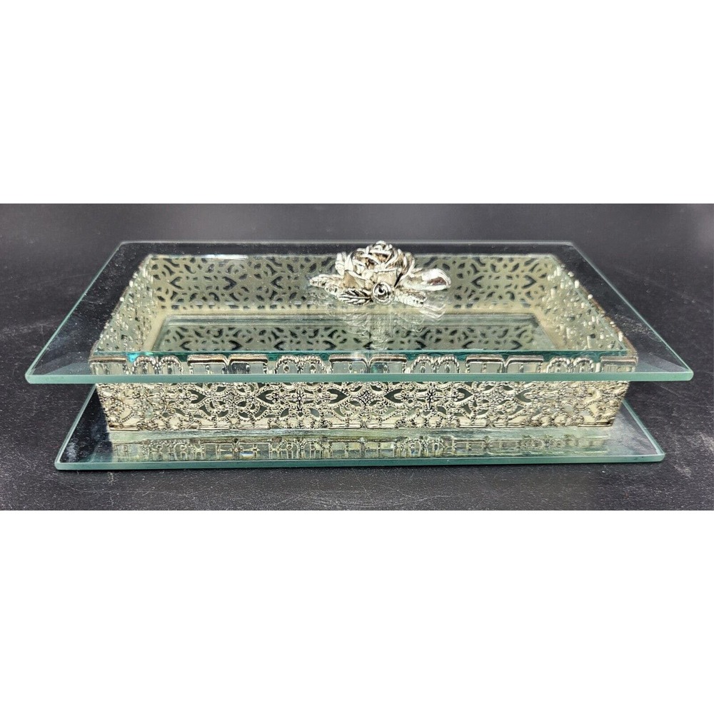 Vtg Studio Silversmiths Ornate Mirrored Glass Box Filigree Silver Rose 7.5x4.5"